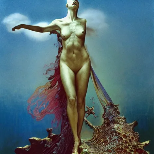 Prompt: queen of neptune by zdzisław beksinski, alexander mcqueen, craig mullins and alphonse mucha. highly detailed, hyper - real, beautiful