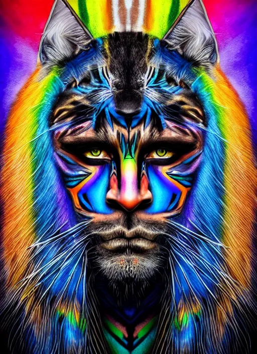 Image similar to photo of a gorgeous Beautiful face Portrait of Magic old shaman with a rainbow panther, face painting, thunders, shaman in the style of stefan kostic, wild, realistic, sharp focus, 8k high definition, insanely detailed, intricate, elegant, art by stanley lau and artgerm