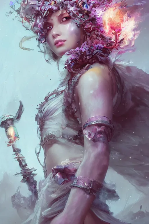 Prompt: beautiful girl necromancer, witch - doctor covered with ice exploding into flowers, angels, 3 d render, hyper realistic detailed portrait, holding fire and electricity, ruan jia, wlop. scifi, fantasy, magic the gathering, hyper detailed, octane render, concept art, peter mohrbacher