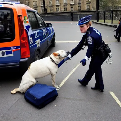 Prompt: London policewoman arresting a dog for tax fraud