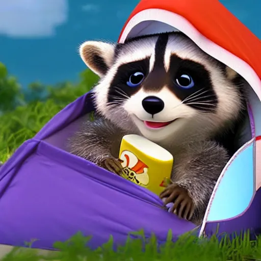 Image similar to a cute baby raccoon waearing a diaper in a sleeping bag and tent, 3d cgi, pixar adorable character art