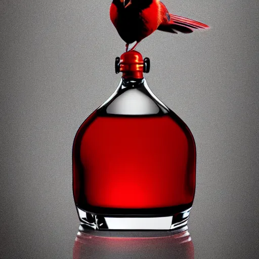 Image similar to a photorealistic photograph of a Cardinal bird inside of an Armagnac decanter Trending on Artstation, featured on Behance, well-rendered, Unreal Engine, 4K HD