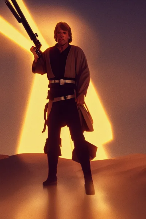 Prompt: luke skywalker wielding a lightsabre in a heroic pose against a tattooine sunset, dramatic lighting, octane render