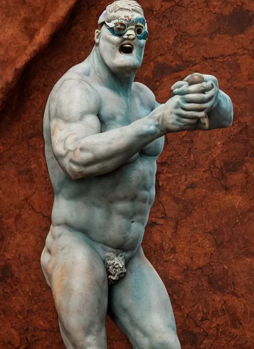 Image similar to Michelangelo's statue of Real-life Peter Griffin as Immortan Joe in Mad Max Fury Road, highly detailed, 8k