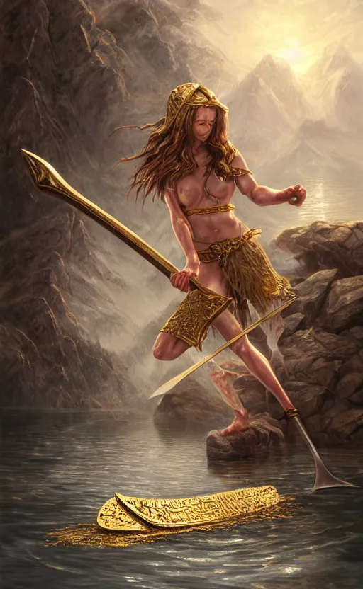 Image similar to lake godness holding gold axe and sliver axe, highly detailed, d & d, water everwhere fantasy, highly detailed, digital painting, trending on artstation, concept art, sharp focus, global illumination, ray tracing, illustration, art by artgerm and greg rutkowski and fuji choko and viktoria gavrilenko and hoang lap