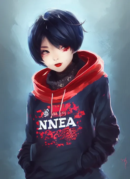 Image similar to a highly detailed illustration of black short hair cute japanese girl wearing blood stained navy hoodie with the word nevada on it, dramatic smile pose, intricate, elegant, highly detailed, centered, digital painting, artstation, concept art, smooth, sharp focus, league of legends concept art, WLOP