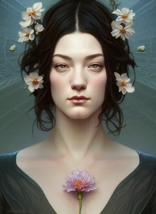 Prompt: symmetry portrait of floral stoya, intricate, elegant, highly detailed, digital painting, artstation, concept art, smooth, sharp focus, illustration, art by artgerm and greg rutkowski and alphonse mucha, 8 k