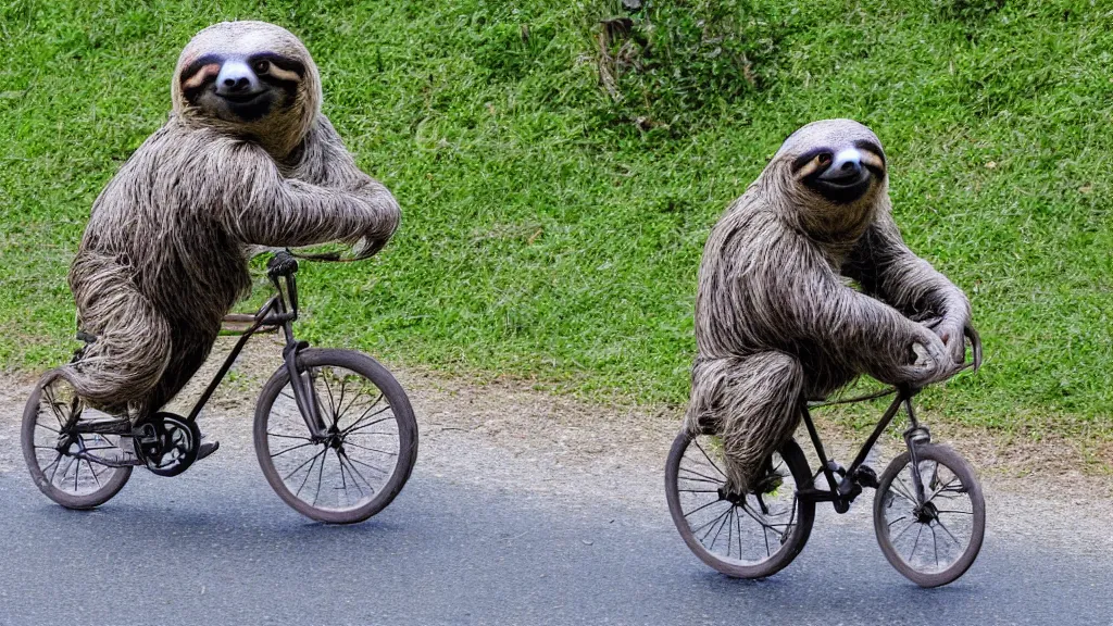 Image similar to a sloth riding his bicycle down the hill