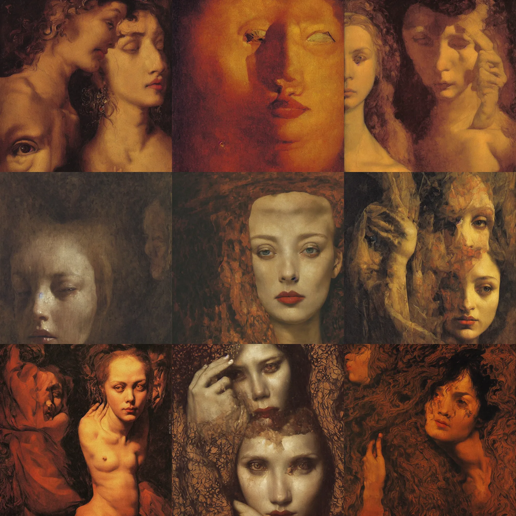 Prompt: Beautiful woman face inside face inside face inside face, baroque cloth, shadows, the long shot, dramatic lighting, high-detailed oil painting by Ilya Repin, William Blake, Michelangelo da Caravaggio and Beksinski, masterpiece, 4k