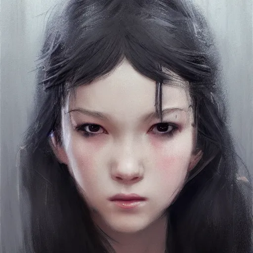 Image similar to a cute girl by ruan jia, 8 k, closeup headshot, smooth, trending on artstation, black long hair, black eyes, movie poster style