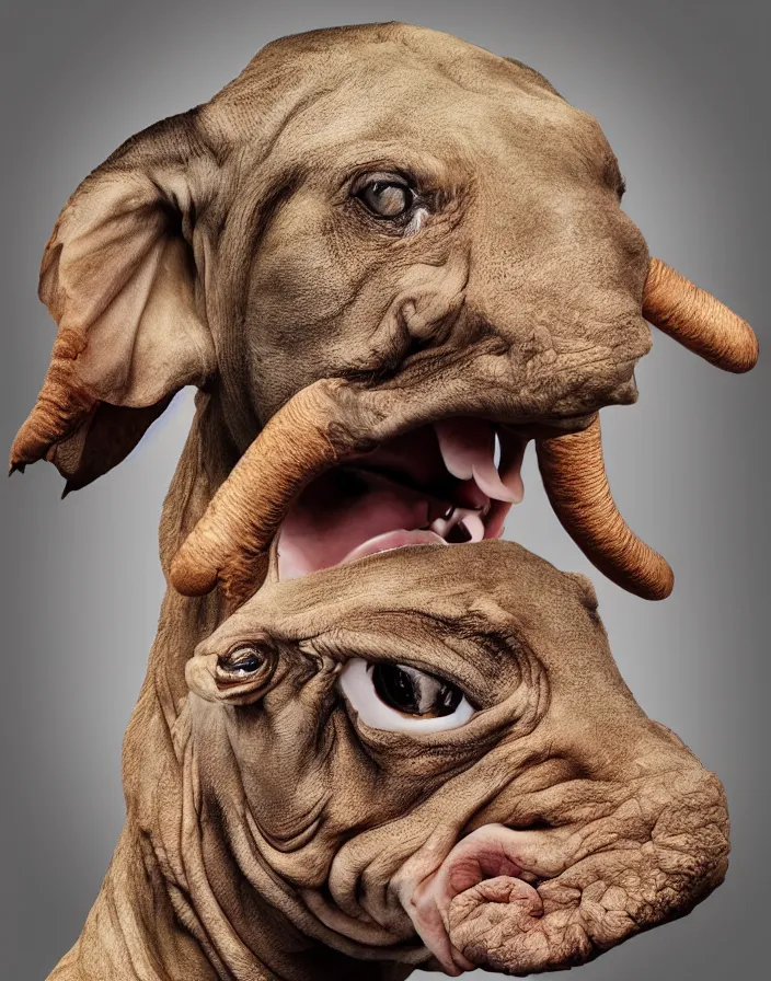 Image similar to portrait of muscular animal human merged head skin ears, without background, fit in frame, scales skin dog, cat merged elephant head cow, chicken face morphed fish head, gills, horse head animal merge, morphing dog head, animal eyes, merging crocodile head, anthropomorphic creature