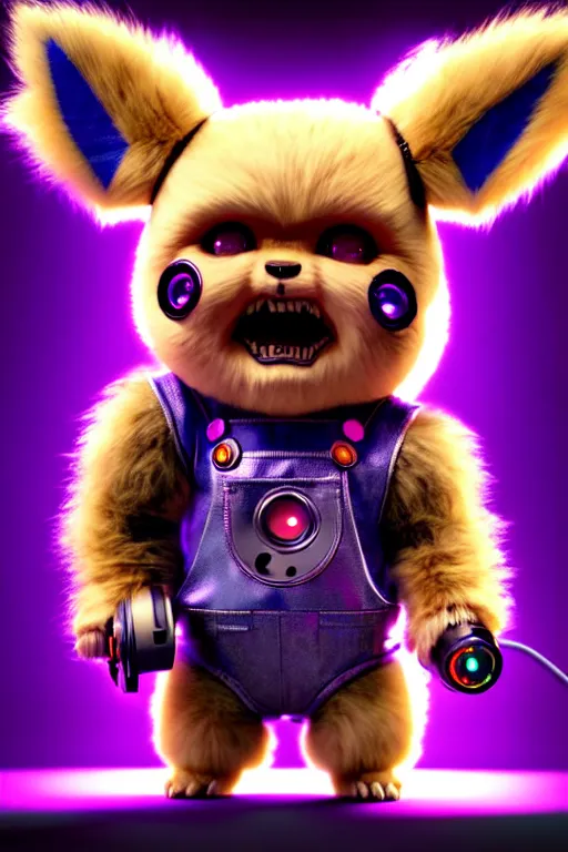 Prompt: high quality 3 d render neo - cyberpunk very cute fluffy! screaming chucky doll!! cyborg with headphones, mechanical paw, highly detailed, unreal engine cinematic smooth, in the style of detective pikachu, hannah yata charlie immer, neon purple light, low angle, uhd 8 k, sharp focus