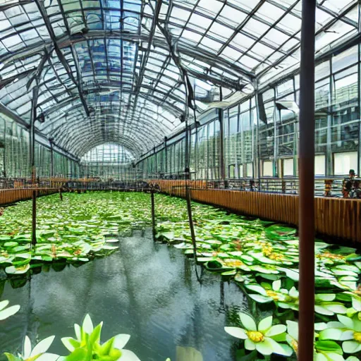 Image similar to professional photgraphy of a museum flooded with green water, water plants and lillies, wooden piers inside, great architecture by renzo piano, ambient light