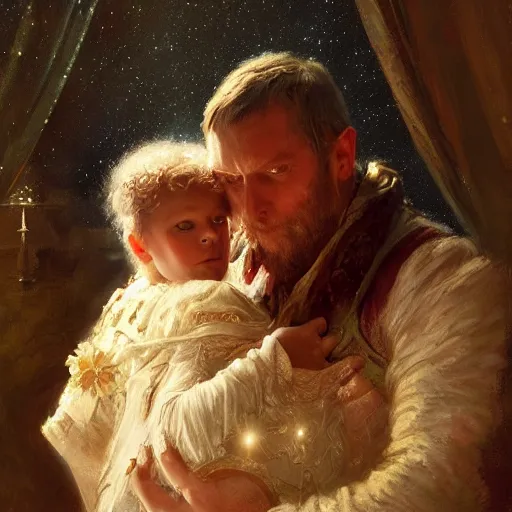 Image similar to the great father of the family, he is high up in his starry cloak, hugging his beautiful frail wife, with a little glowing baby in her arms. highly detailed painting by gaston bussiere, craig mullins, j. c. leyendecker 8 k