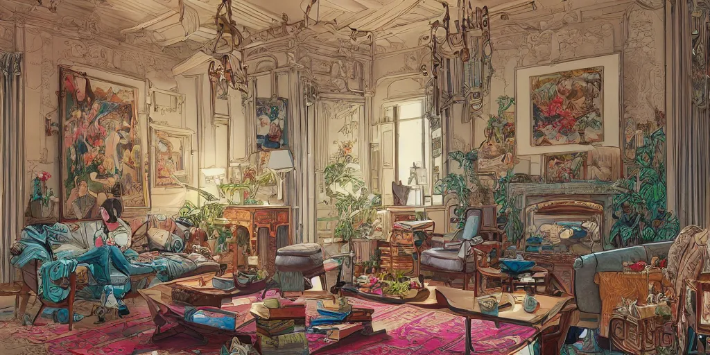 Prompt: a beatiful living room in an old house, extremely detailed, sharp focus, wide view, full body shot, smooth, digital illustration, colorfull by, james jean, by rossdraws, frank franzzeta, sakimichan, mcbess, aphonse mucha