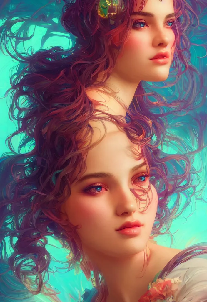 Image similar to beautiful, young woman, detailed gorgeous face, vaporwave aesthetic, synthwave, colorful, psychedelic, artstation, concept art, smooth, extremely sharp detail, finely tuned detail, ultra high definition, 8 k, unreal engine 5, ultra sharp focus, illustration, art by artgerm, greg rutkowski and alphonse mucha