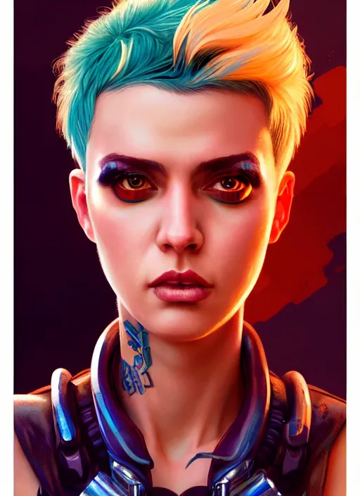 Prompt: character portrait of young woman as a heroic retrofuturistic punk, pixie cut with shaved side hair, bad attitude, dystopian cyberpunk steampunk soviet mood, intricate, wild, highly detailed, digital painting, artstation, upper body, concept art, smooth, sharp focus, illustration, art by artgerm and greg rutkowski and alphonse mucha, vibrant deep colors