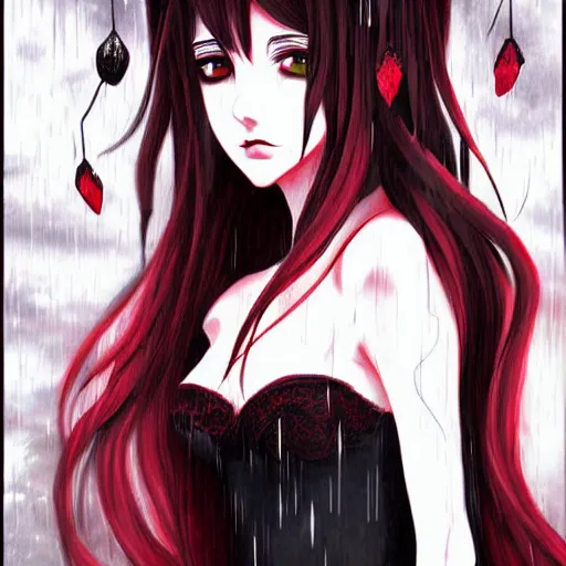 Prompt: beautiful seductive female ghost, in the rain, highly detailed, painting, dark red and black color palette, intricate, high quality anime artstyle, in the style of sana takeda