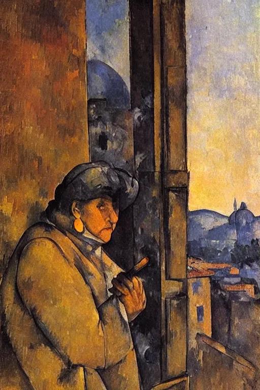 Image similar to an elderly and content italian woman leaning out of the window of an old building, smoking a cigarette, by paul cezanne, firenze, sunset, smooth, expressionist, gold, portrait