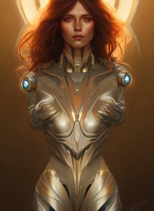 Image similar to futuristic woman portrait, sci-fi, amber eyes, face, long hair, fantasy, intricate, elegant, highly detailed, digital painting, artstation, concept art, smooth, sharp focus, illustration, art by artgerm and greg rutkowski and alphonse mucha