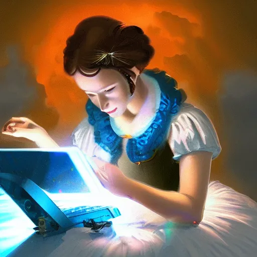 Prompt: Ada Lovelace coding on an ultramodern computer, beautifully lit, colorful screens, blue light, hyperrealism science fiction digital illustration