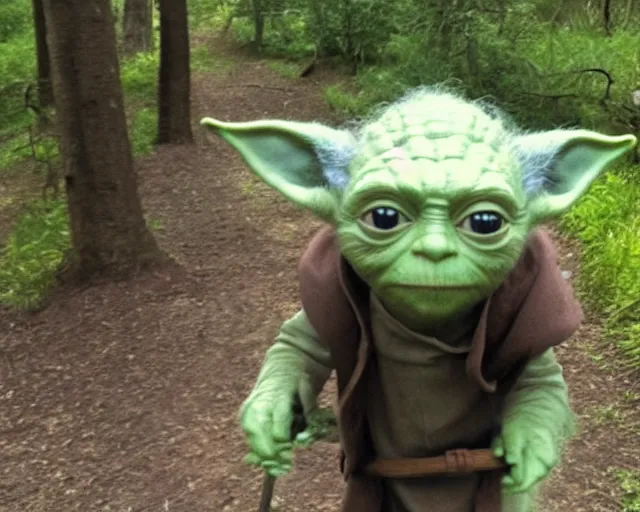 Prompt: trailcam image of yoda, pointing his cane at the camera, cdx