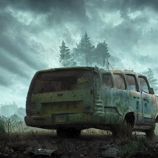 Prompt: mystery machine from the show scooby doo abandoned, dirty, apocalypse, cinematic, detailed, epic, widescreen, opening, establishing, mattepainting, photorealistic, 4 k, octane render, art by greg rutkowski