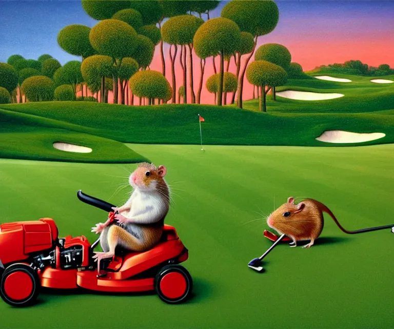 Image similar to hyper detailed 3d render like a Oil painting - a cartoon gerbil riding a lawnmower across a golf course at dawn, by Jacek Yerka, Mariusz Lewandowski, Houdini algorithmic generative render, Abstract brush strokes, Masterpiece, Edward Hopper and James Gilleard, Zdzislaw Beksinski, Mark Ryden, Wolfgang Lettl, hints of Yayoi Kasuma, octane render, 8k