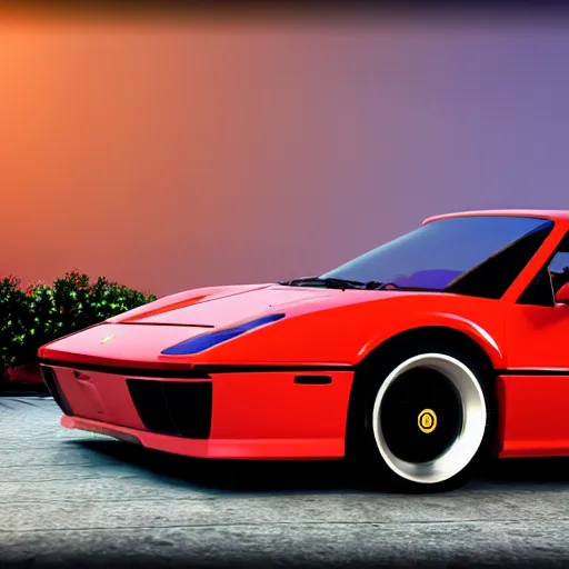 Prompt: a 3D render depicting Outrun videogame. Car. Red Ferrari. Palm trees. Horizon. Unreal Engine. Octane Render. Vray. Arnold Render. Car Shader. 80s Videogame.