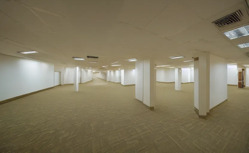 Image similar to 1 9 9 0 s empty rooms and a long corridor interior, office building, bright beige wallpaper, vhs style, suspended ceiling, bright fluorescent light, light brown moist carpet, scary