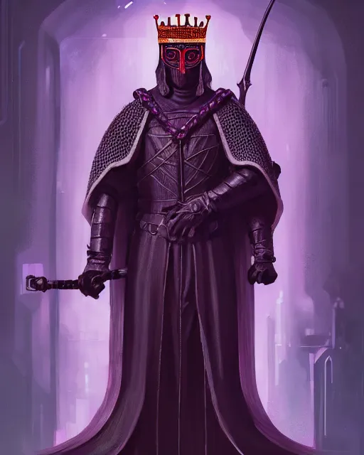 Image similar to a full length portrait of a medieval king on the cyberpunk throne, glowing eyes, dark purple color scheme, grim - lighting, high - contrast, intricate, elegant, highly detailed, digital painting, artstation, concept art, smooth, sharp focus, illustration