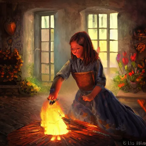 Image similar to the blacksmits’ daughter, working in the forge, a smile at her face, fantasy art in the style of Lilia Alvarado,