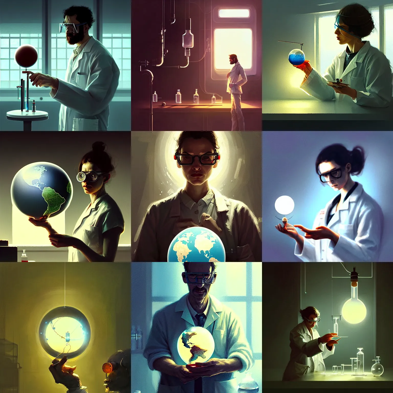 Prompt: a laboratory, a scientist is holding a tiny globe, digital art, greg rutkowski, artstation