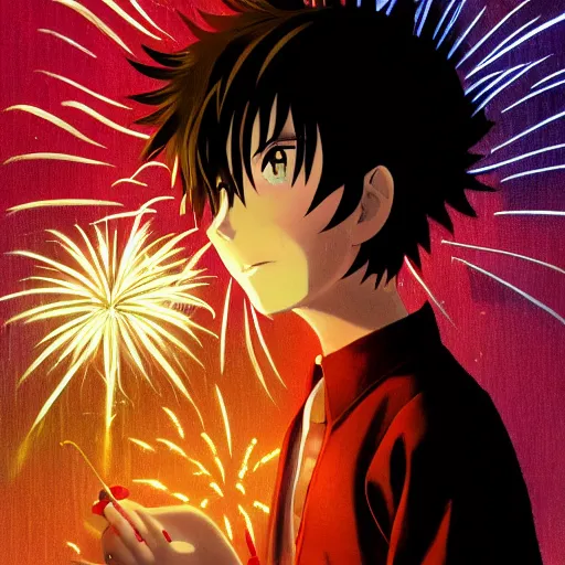 Prompt: portrait of a boy with fireworks in his foot, anime fantasy illustration by tomoyuki yamasaki, kyoto studio, madhouse, ufotable, trending on artstation