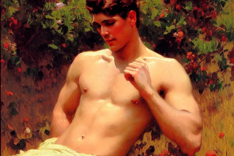 Image similar to summer, attractive male, dreamy, painting by gaston bussiere, craig mullins, j. c. leyendecker