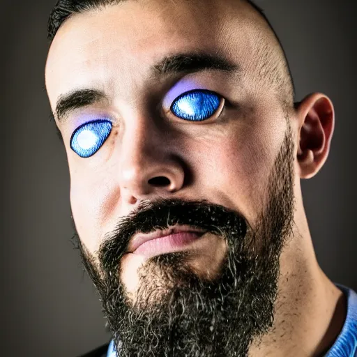 Image similar to close up fish eye photo of a man with blue skin and a goatee side eyeing the camera with a sympathetic look,