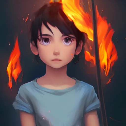 Image similar to a child with dark grey skin, blue eyes and short brown hair holding fire, highly detailed, digital painting, artstation, matte, by makoto shinkai, animation style