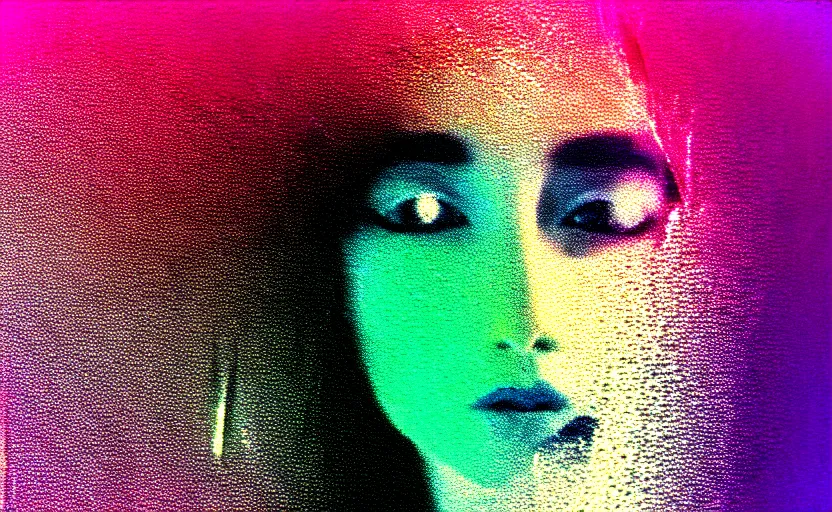 Prompt: vhs glitch art portrait of a frightened woman hidden underneath a sheet, lost in static, metaphysical foggy environment, static colorful noise glitch volumetric light, by bekinski, unsettling moody vibe, vcr tape, 1 9 8 0 s analog video, vaporwave aesthetic, directed by david lynch, colorful static, datamosh, pixeled stretching