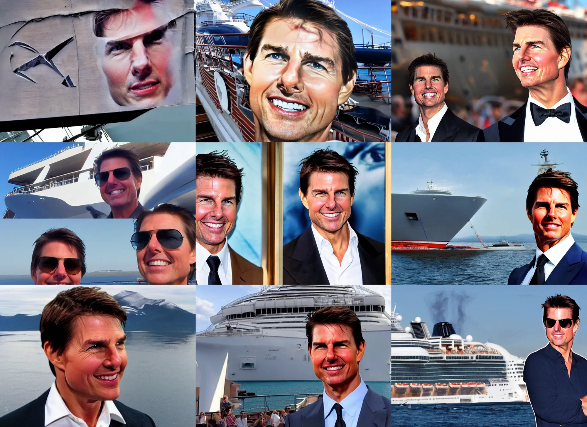 Prompt: tom cruise's face on the bow of a cruise ship