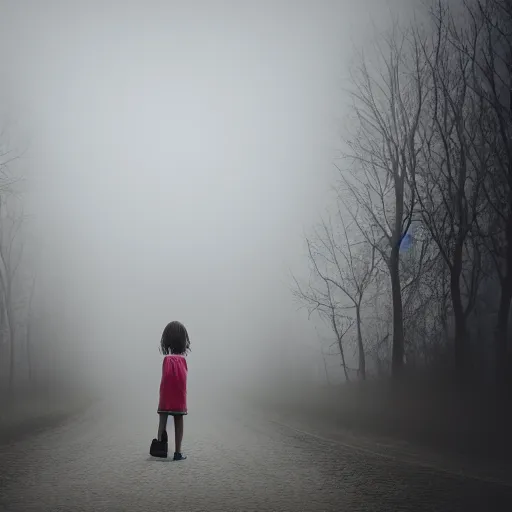 Prompt: photo of a real-life girl in a creepy foggy town