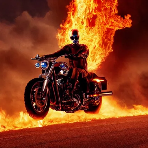 Prompt: An epic movie poster for Ghost Rider starring Ryan Gosling as Ghost Rider on a motorcycle with flames and half a skull face and chains on a desert road fire balls. Sharp. HD. 4K. 8K