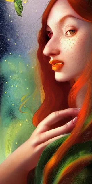 Image similar to infp young woman, smiling amazed, golden fireflies lights, amidst of nature fully covered, long loose red hair, intricate linework, bright accurate green eyes, small nose with freckles, oval shape face, realistic, expressive emotions, dramatic lights spiritual scene, ultrafine art by artemisia gentileschi, caravaggio, jessica rossier, boris vallejo