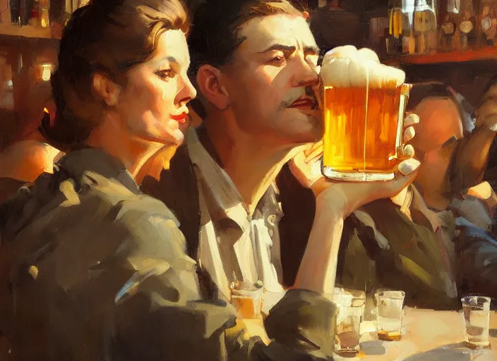 Image similar to greg manchess close - up painting of a delicious mug of beer in a dieselpunk bar, organic painting, matte painting, bold shapes, hard edges, street art, trending on artstation, by huang guangjian and gil elvgren and sachin teng