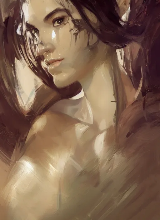 Image similar to a professional painting of a beautiful young female, clothed in military armor, olive skin, long dark hair, beautiful bone structure, symmetrical facial features, intricate, elegant, digital painting, concept art, smooth, sharp focus, illustration, from Metal Gear, by Ruan Jia and Mandy Jurgens and Artgerm and William-Adolphe Bouguerea