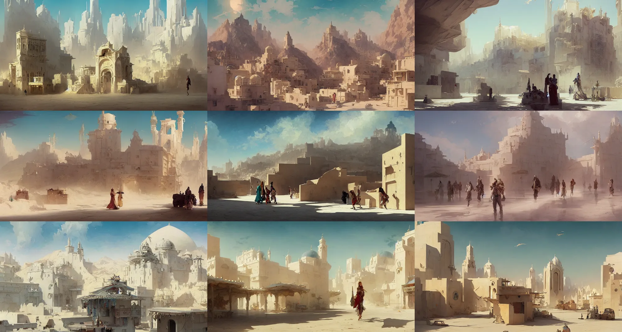 Prompt: town in desert, white buildings, islamic architecture, fantasy, art by joseph leyendecker, peter mohrbacher, ivan aivazovsky, ruan jia, reza afshar, marc simonetti, alphonse mucha