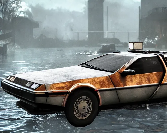 Image similar to delorean rusting and destroyed under water, cinematic, photoreal, by red dead redemption 2