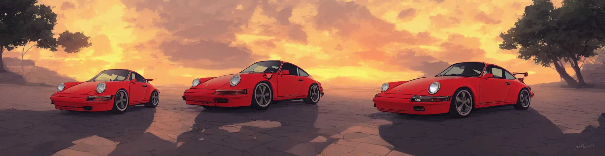 Prompt: beautiful, detailed digital painting of a porsche 9 1 1 looking at the sunset, anime by makoto shinkai, sand, waves, trending on artstation