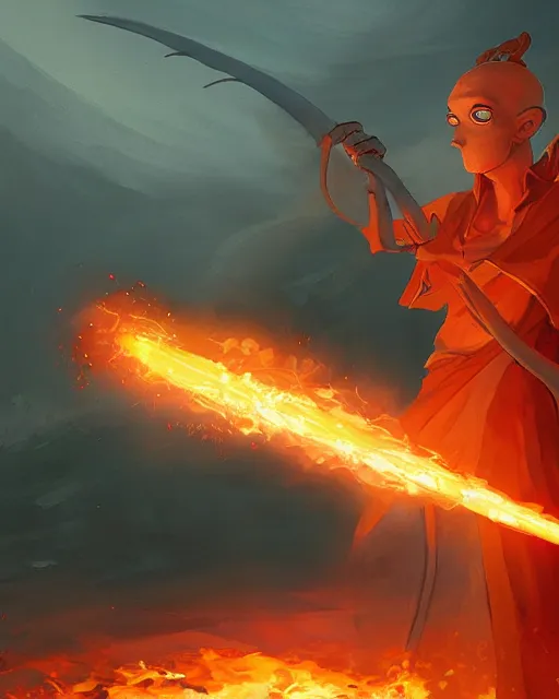 Image similar to tentacled [ squidward ] wearing fire nation clothing and practicing firebending outside at susnset, [ greg rutkowski ]