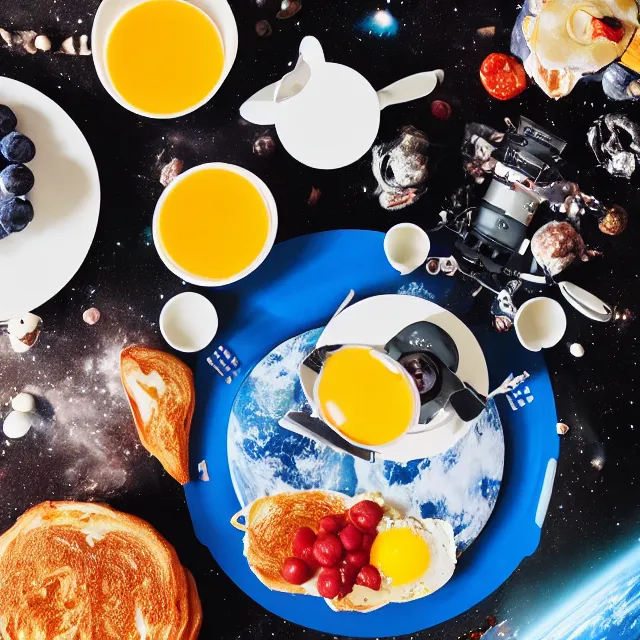 Prompt: breakfast in space, dslr photograph, color graded