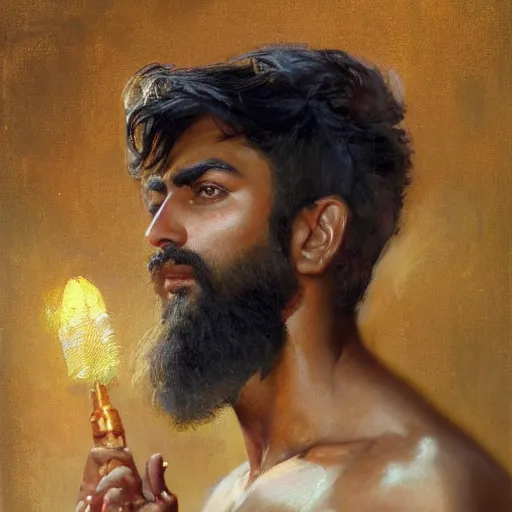 Image similar to detailed realistic cinematic wide shot of beautiful attractive indian man with beard and great haircut blue bath robe slim face symettrical face clean skin black eyes black robe smooth, sharp focus, ultra realistic, spring light, painting by gaston bussiere, craig mullins, j. c. leyendecker